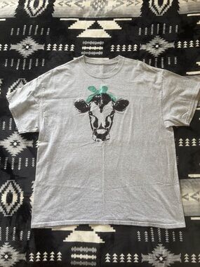 Gray Cow Graphic Tee with Green Bandana